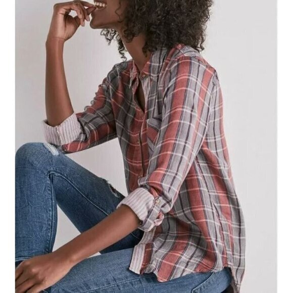 Lucky Brand Top Womens Medium Red Gray Plaid Button Up Long Sleeve Boho Comfy - Picture 6 of 11